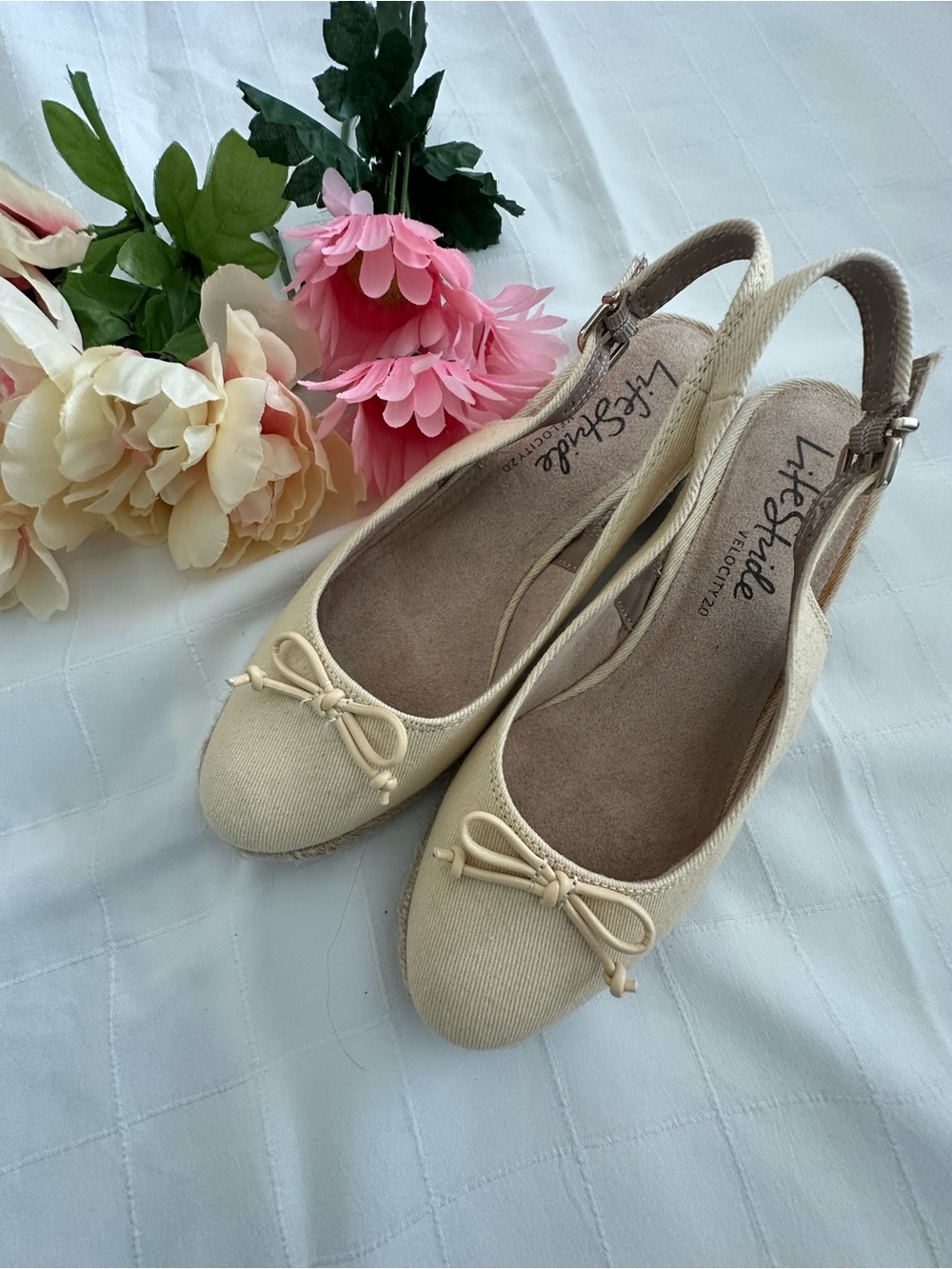 Life Stride Pale Yellow Slingback Espadrilles with Bow!